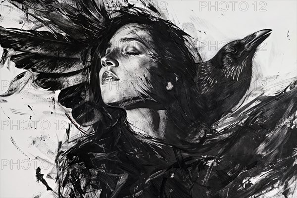 Illustrated depiction of a woman in harmony with a raven, in black and white tones, raven woman,
