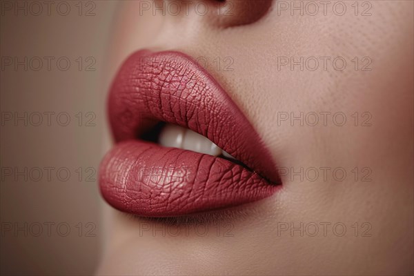Close up of large red plump lips of woman with Hyaluronic acid beauty fillers. KI generiert,