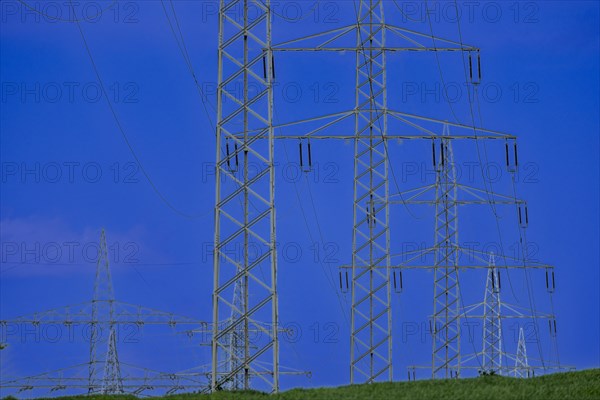 Power pylons with high-voltage lines at the Avacon substation in Helmstedt, Helmstedt, Lower