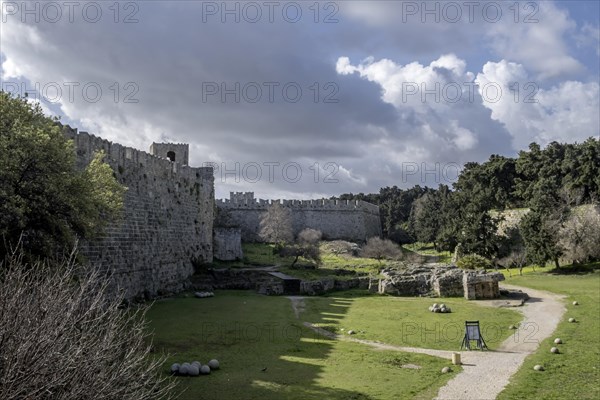 Outer city wall, fortress moat, moat, Rhodes city, Rhodes, Dodecanese archipelago, Greek islands,