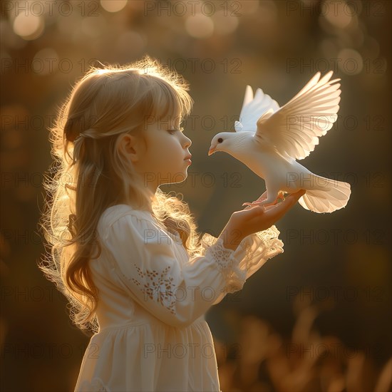 A girl stretches out her hands to receive a dove in the golden sunset light, Destroyed houses, War,
