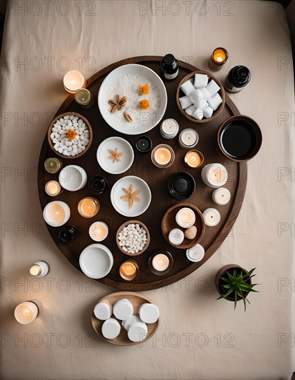 Tranquil wellness concept with candles, oils, and massage stones arranged on a wooden tray in a spa