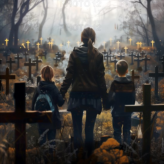 A woman with children watches the dawn in an atmospheric cemetery, war, war graves, military