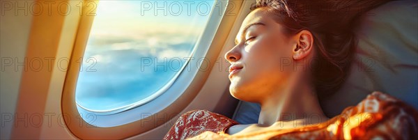 Relaxed woman leaning against the window of an aeroplane, head tilted towards the sky, AI