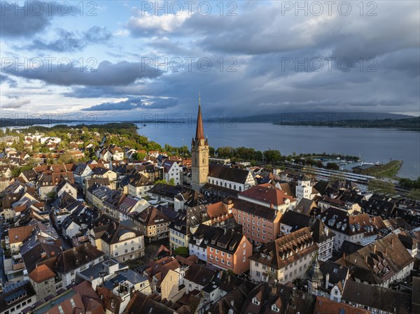 Aerial view of the town of Radolfzell on Lake Constance with the Radolfzell Minster in front of