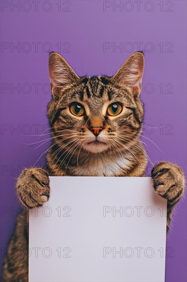 Tabby cat holding empty white sign in front of studio background. KI generiert, generiert, AI