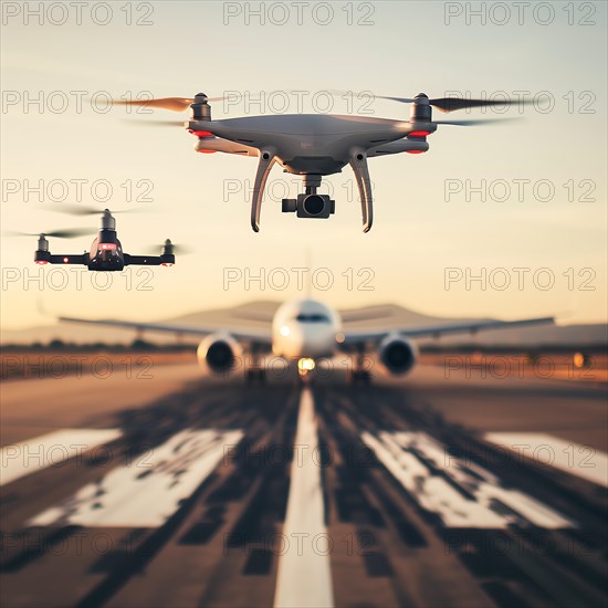 A swarm of drones flies in front of an aircraft on an illuminated runway in the evening light,