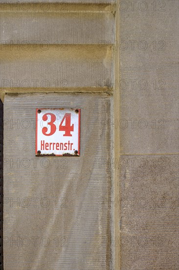 Herrenstrasse 34, historic house number sign in the old town centre of Wangen im Allgaeu,