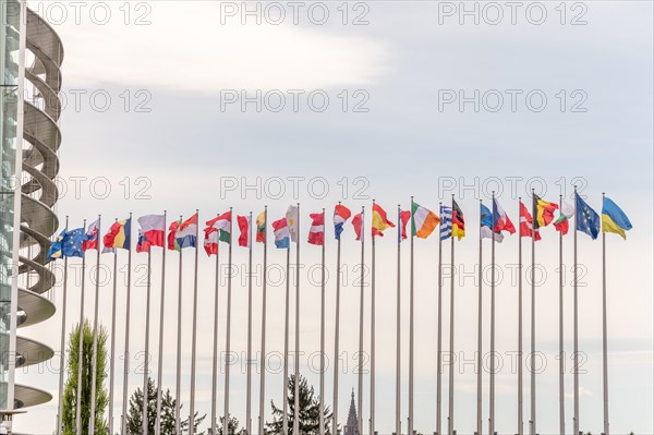 Flags of the European countries in front of the European Parliament in Strasbourg. Bas rhin,