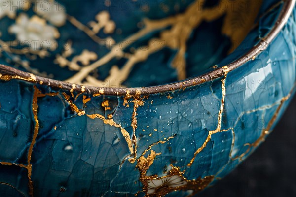 Japanese Kintsugi bowl with ceramic repair technique that uses lacquer mixed with powdered gold. KI