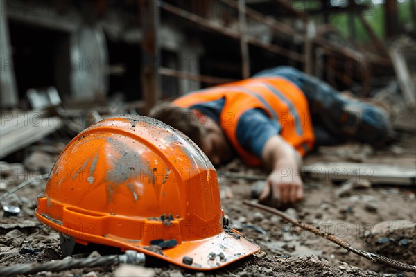 Orange safety helmet with injured construction worker lying on ground after accident at