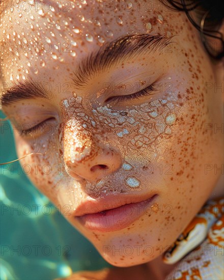 Serene underwater image of a woman with freckles and glitter, evoking tranquility, blurry teal