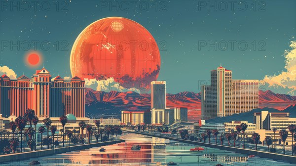A cityscape with futuristic elements and a large planet in the pastel-colored sky, ai generated, AI