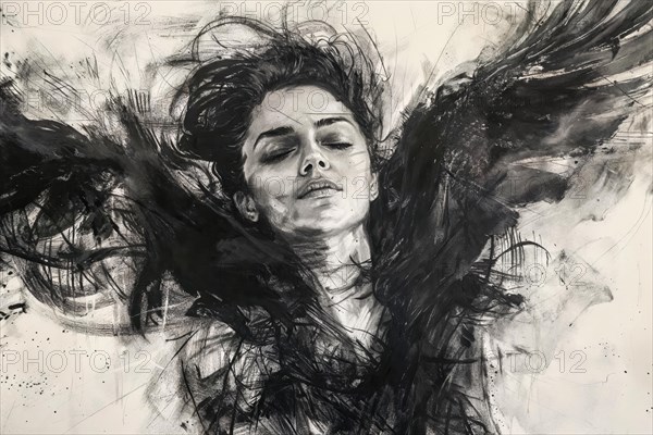 A woman lies with closed eyes and spread wings, captured in a drawing, raven woman, cover design,