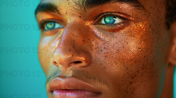 Man with golden freckles and piercing eyes, with snake scale texture on skin, blurry teal turquoise