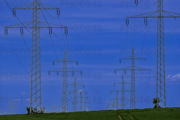 Power pylons with high-voltage lines at the Avacon substation in Helmstedt, Helmstedt, Lower