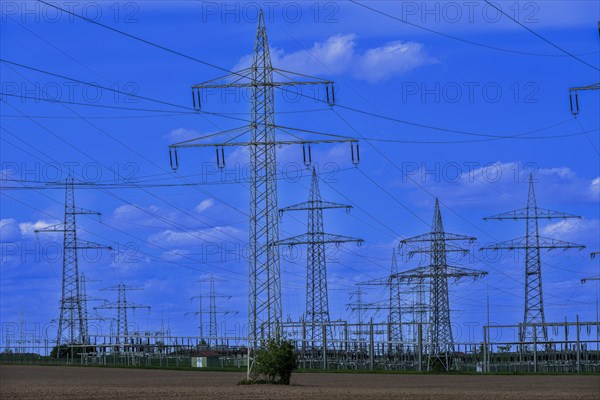 Power pylons with high-voltage lines at the Avacon substation in Helmstedt, Helmstedt, Lower