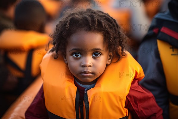 Young black refugee child with orange swimming fest crossing ocean in boat. KI generiert,