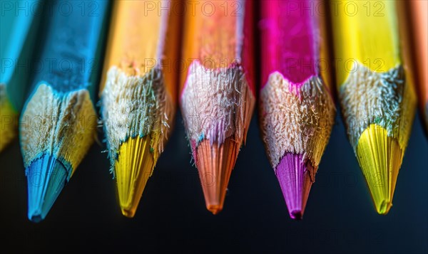 Close-up of a bunch of colored pencils, abstract background with colored pencils macro view AI