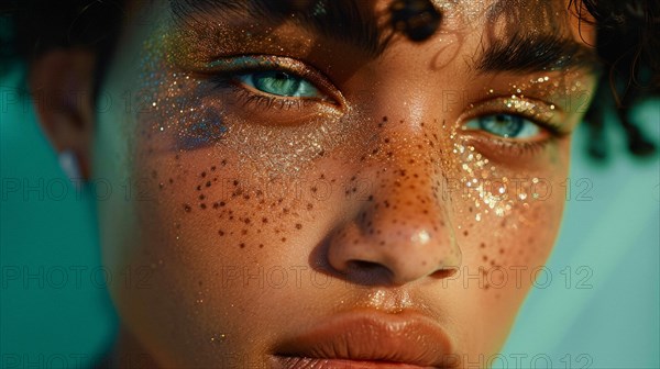 Close-up portrait of non binary person with sparkling glitter on skin and striking blue eyes