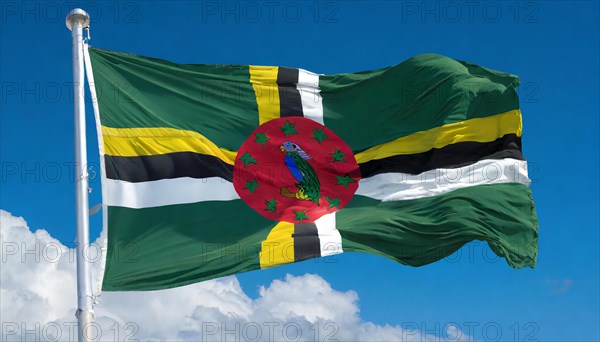 The flag of Dominica, Lesser Antilles, Caribbean, fluttering in the wind, isolated, against the
