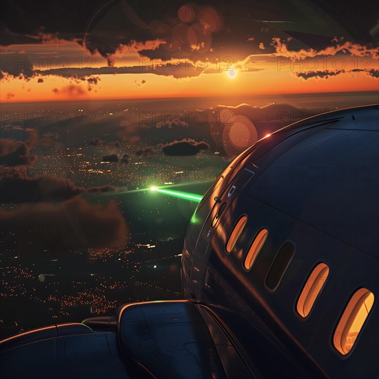 View from an aeroplane window of green laser beams over a city at night, laser attack on an