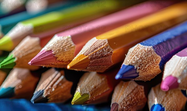 Close-up of a bunch of colored pencils, abstract background with colored pencils macro view AI