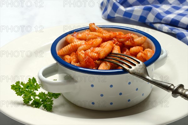 Malloreddus, Sardinian gnocchetti with tomato sauce in a bowl, traditional pasta variety from