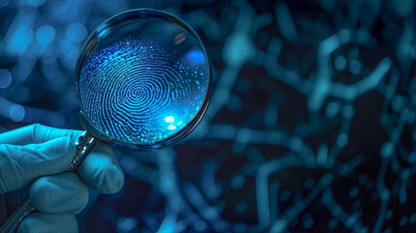 Crime scene with investigator wearing surgical glove viewing A fingerprint through the glass of a