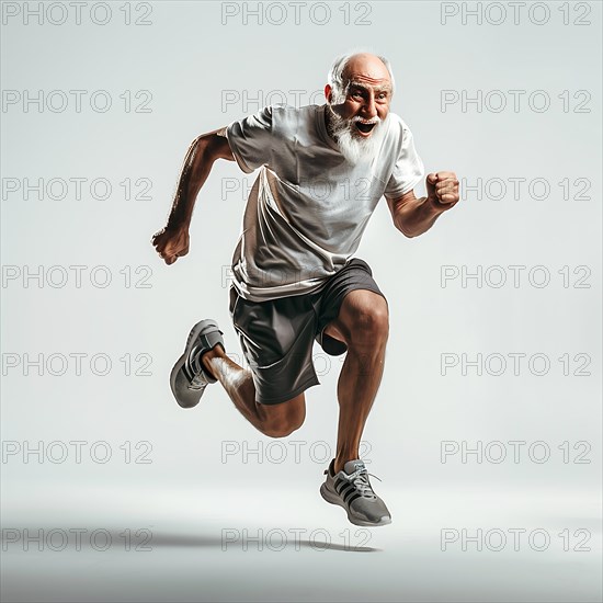An old man in a grey sports outfit full of power in running action on a white background, start