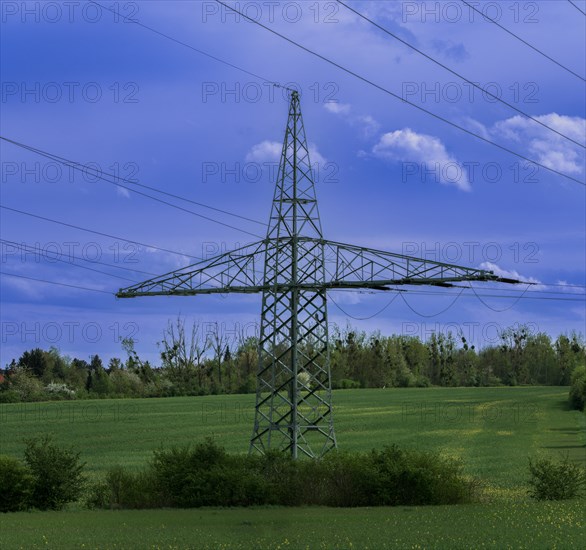 Electricity pylon with high-voltage lines near the Avacon substation Helmstedt, Helmstedt, Lower