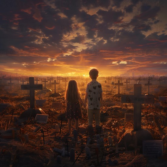 Children from behind watching the sunrise on a silent cemetery, war, war graves, military cemetery,
