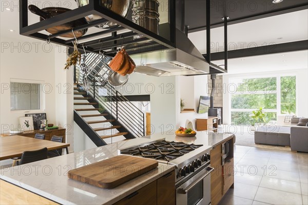 American walnut wood island with quartzite countertop and built-in gas stove in the kitchen inside