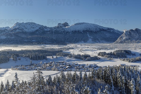 View from the Eisenberg castle ruins over Zell to the Tannheim mountains, Allgaeu, Swabia, Bavaria,