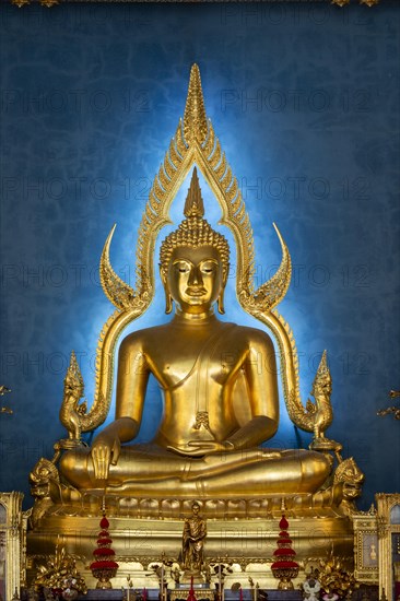Golden Buddha statue, Bhumispara-mudra, Buddha Gautama at the moment of enlightenment, in the