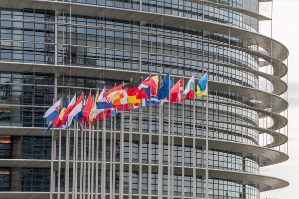 Flags of the European countries in front of the European Parliament in Strasbourg. Bas rhin,