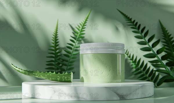 Aloe vera gel product promotion featuring a blank jar mockup showcased on a marble produce podium