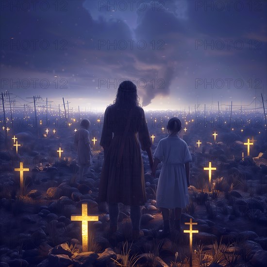 A woman and a girl look at a nocturnal, luminous cemetery, war, war graves, military cemetery, AI