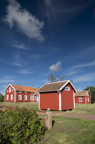 Falun red or Swedish red painted houses, farm, Geta, Aland, or Aland Islands, Gulf of Bothnia,