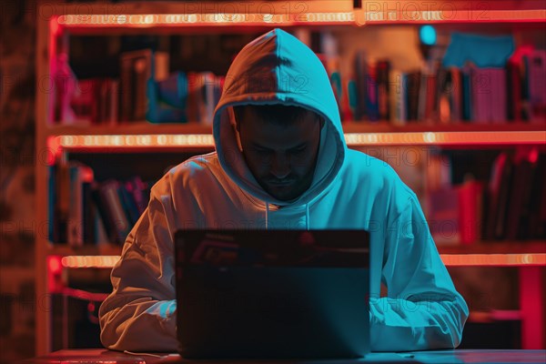 Man covering his face with hoodie in front of laptop. KI generiert, generiert, AI generated