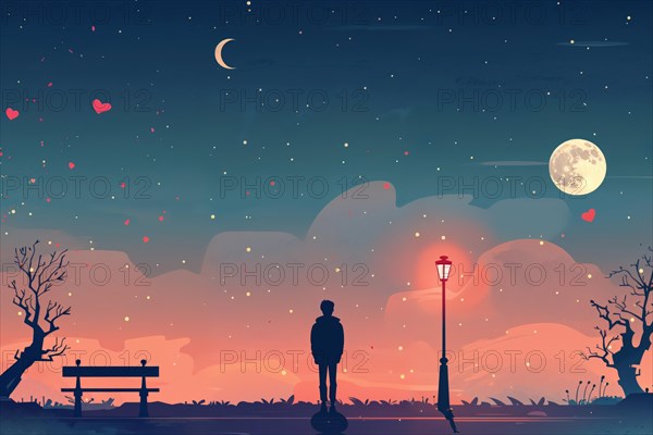 A person stands alone at night under a street lamp, surrounded by moonlight and hearts, lunar cycle