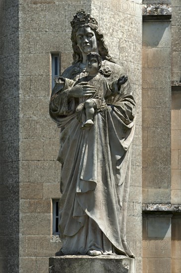 Sculpture of the Virgin Mary in front of Notre Dame de l'Assomption Cathedral, Lucon, Vendee,