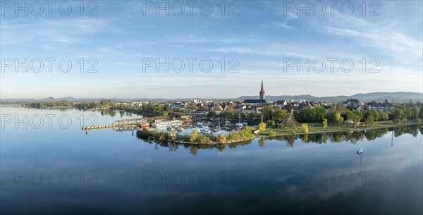 Aerial view, panorama of the town of Radolfzell on Lake Constance in springtime vegetation with the