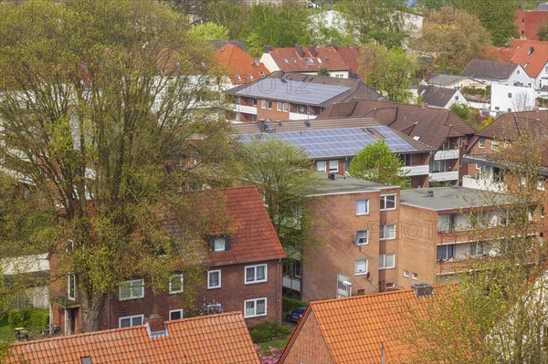 Bird's eye view of a modern brick residential building in spring, Delmenhorst, Lower Saxony,