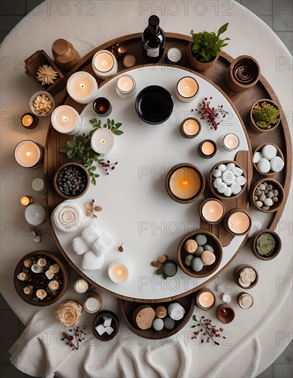 Tranquil spa setting with meticulously arranged candles, stones, and natural elements from a top