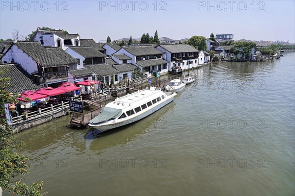 Excursion to Zhujiajiao Water Village, Shanghai, China, Asia, wooden boat on canal with views of