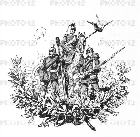 Drawing of three men in military dress with weapons and historical uniforms, a rider on horseback,