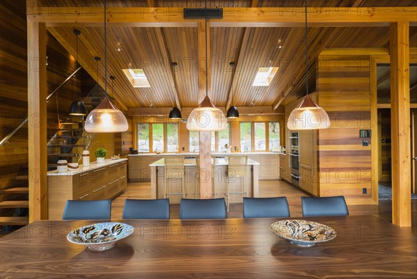 Illuminated industrial style copper with frosted glass pendant lighting fixtures over wooden dining
