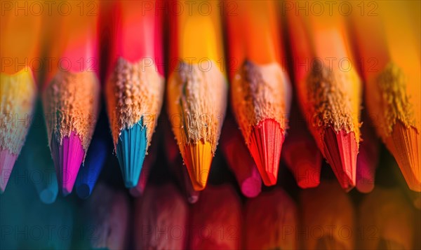 Close-up of a bunch of colored pencils, abstract background with colored pencils macro view AI