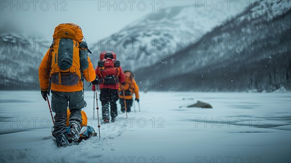 Trekkers in yellow jackets moving through a snowy landscape with mountains in the distance, AI